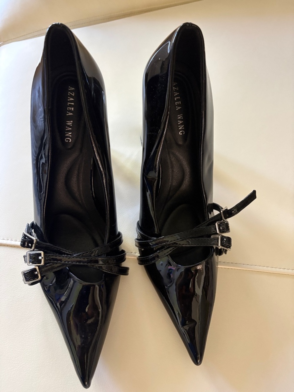 Azaalea Wang Black Patent Pointed-Toe Double Buckle Heels
